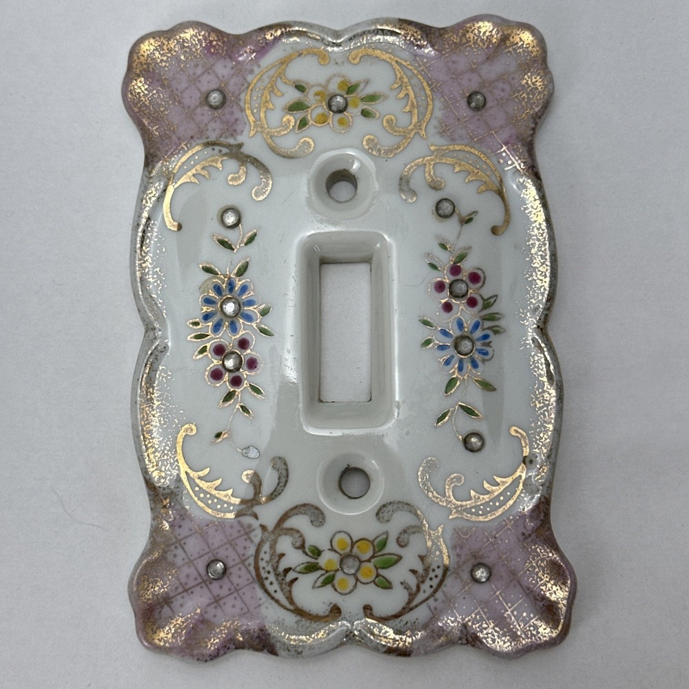 Vintage Lefton's Floral Rhinestones Porcelain Light Switch Plate Cover Pink 2685